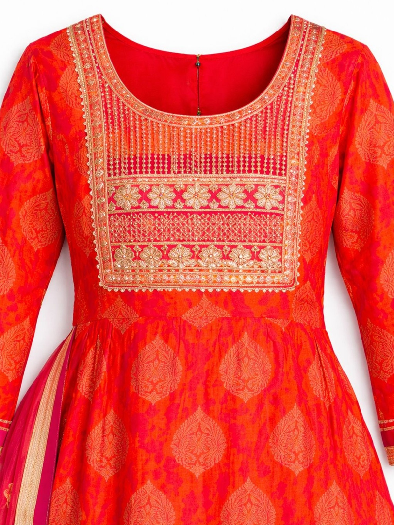 Front view of Aromie Girls Kids Lehenga USA in vibrant red with intricate gold embroidery, perfect for festive occasions.