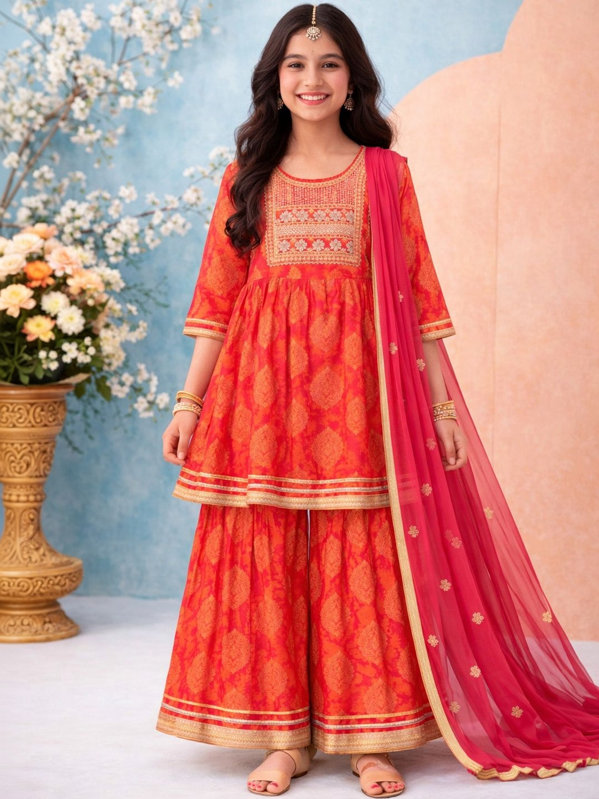 Aromie Girls Kids Lehenga USA in vibrant orange with gold embroidery, perfect for festive occasions