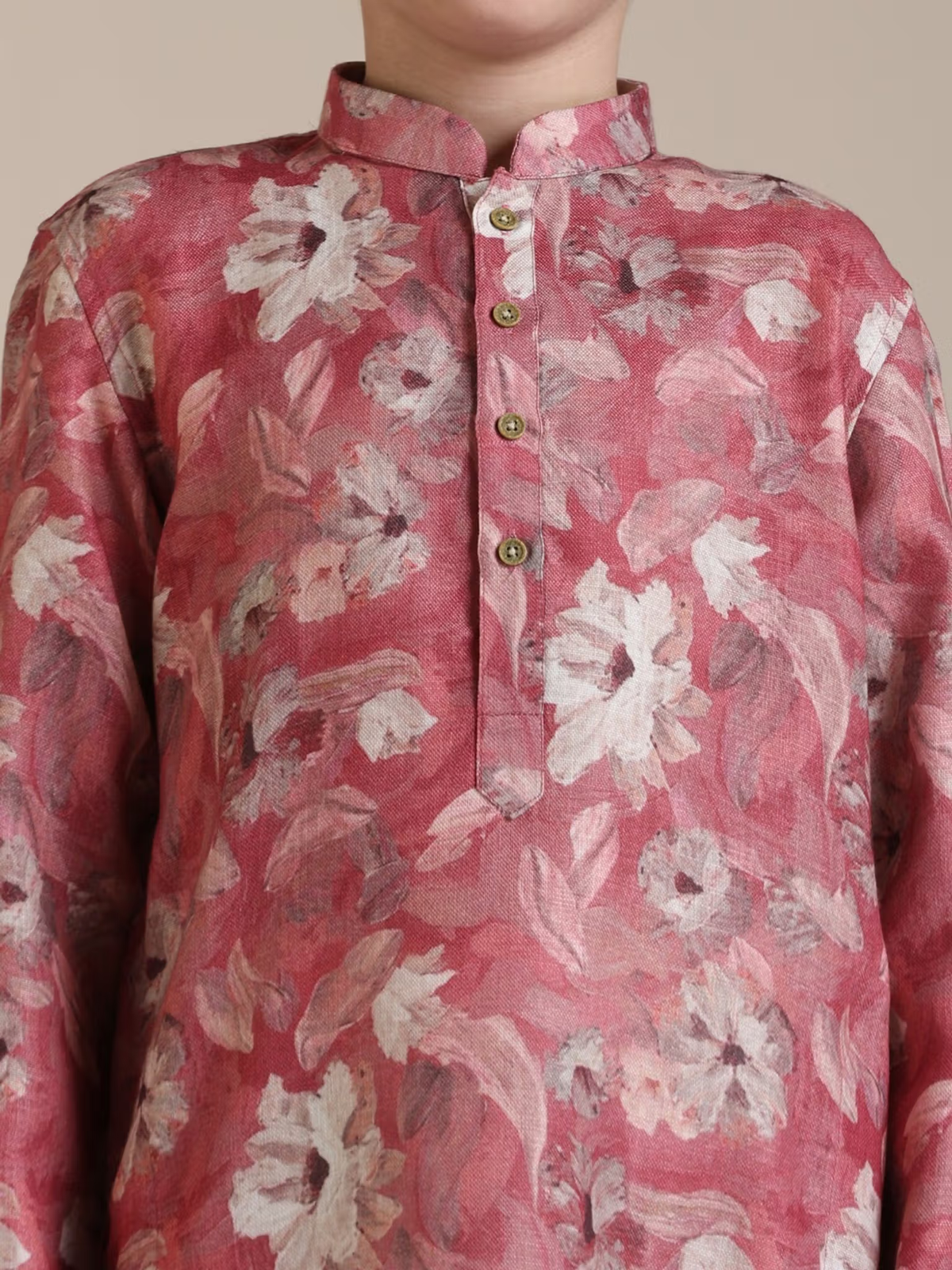 boys pink kurta pyjama set Canada AROMIE floral printed mandarin collar kurta with wooden buttons