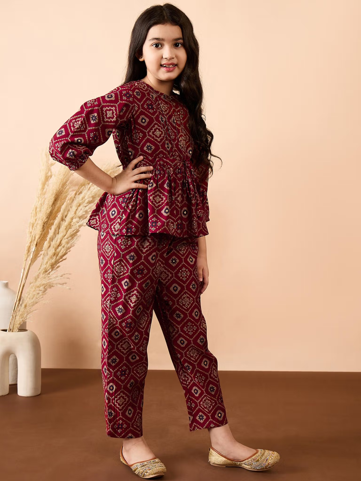Girls Georgette Kurta Set maroon printed peplum kurta with three quarter sleeves and matching pants