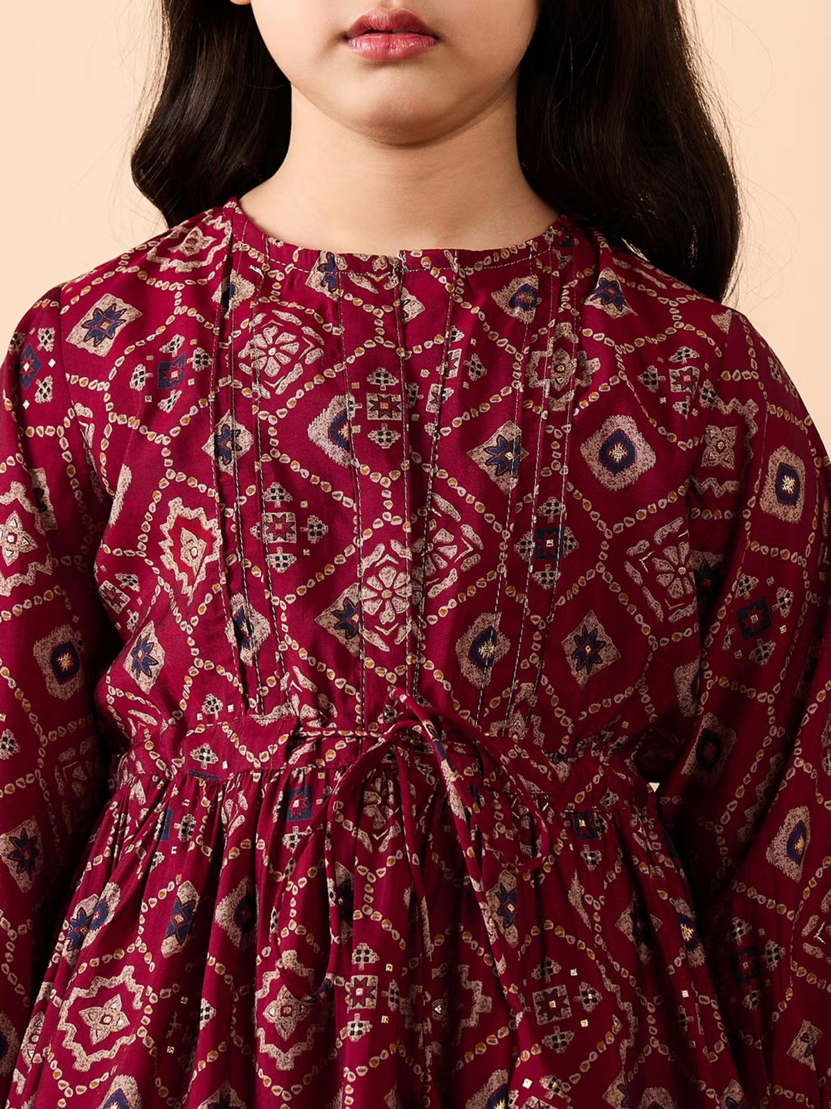 Aromie maroon printed Girls Georgette Kurta Set with round neckline long sleeves gathered waist tie