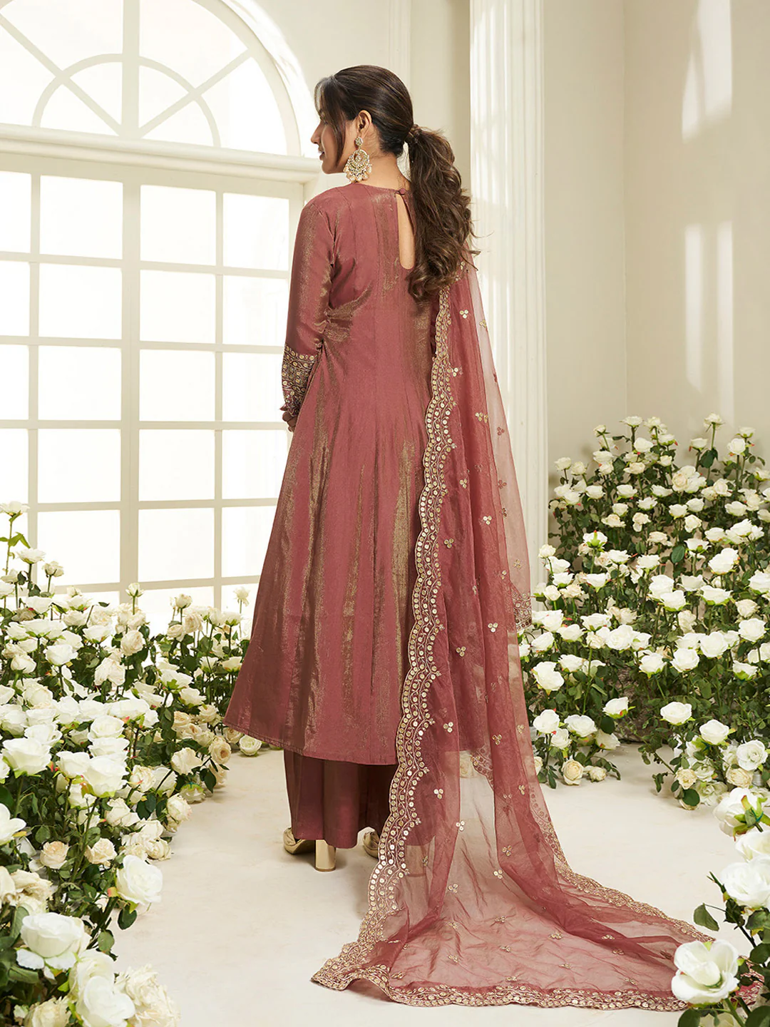 Elegant three piece kurta set for women in rose pink with embroidered details, perfect for weddings or special occasions in Canada