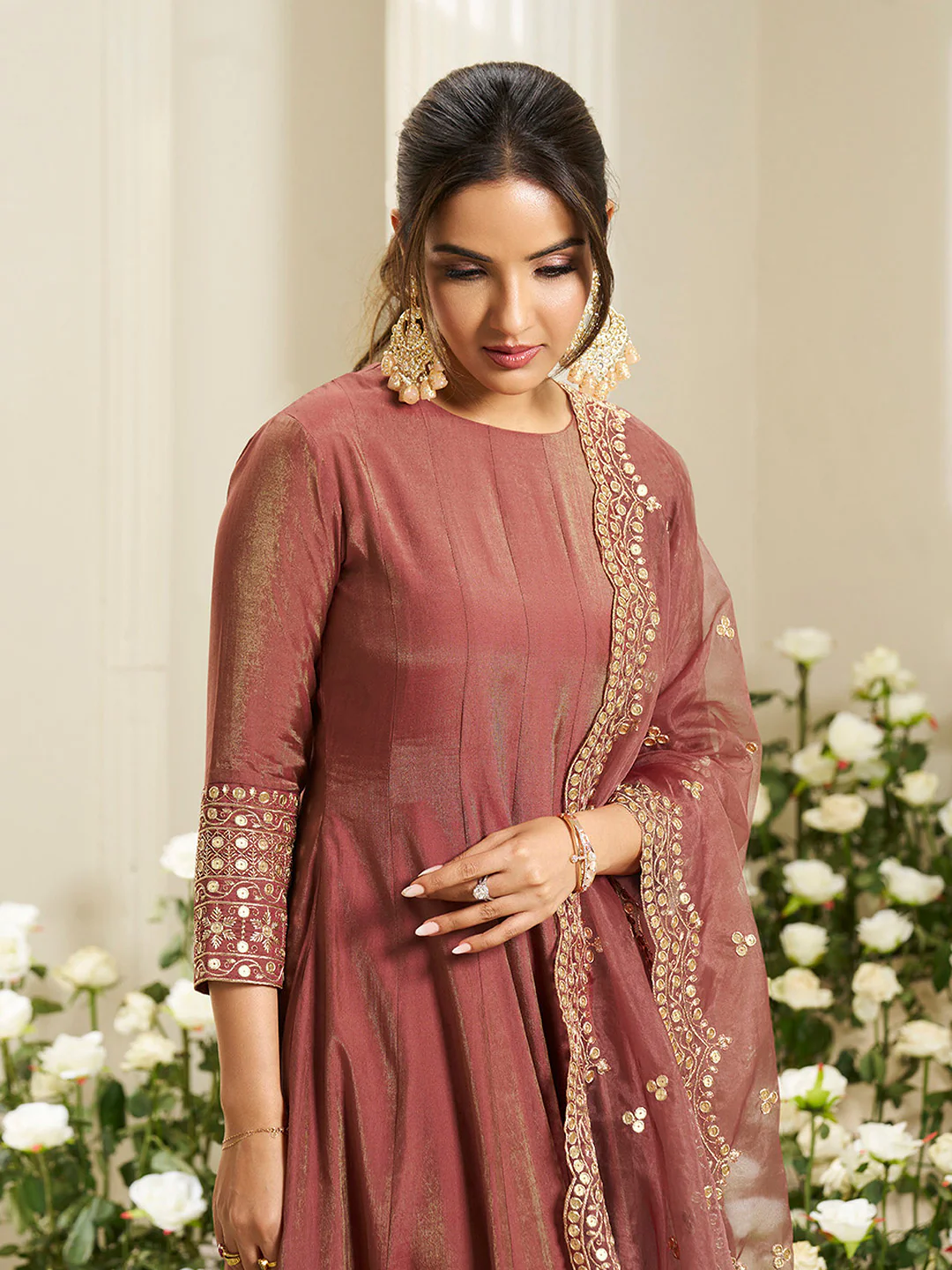 Three piece kurta set for women Canada in maroon, featuring intricate embroidery, perfect for festive occasions