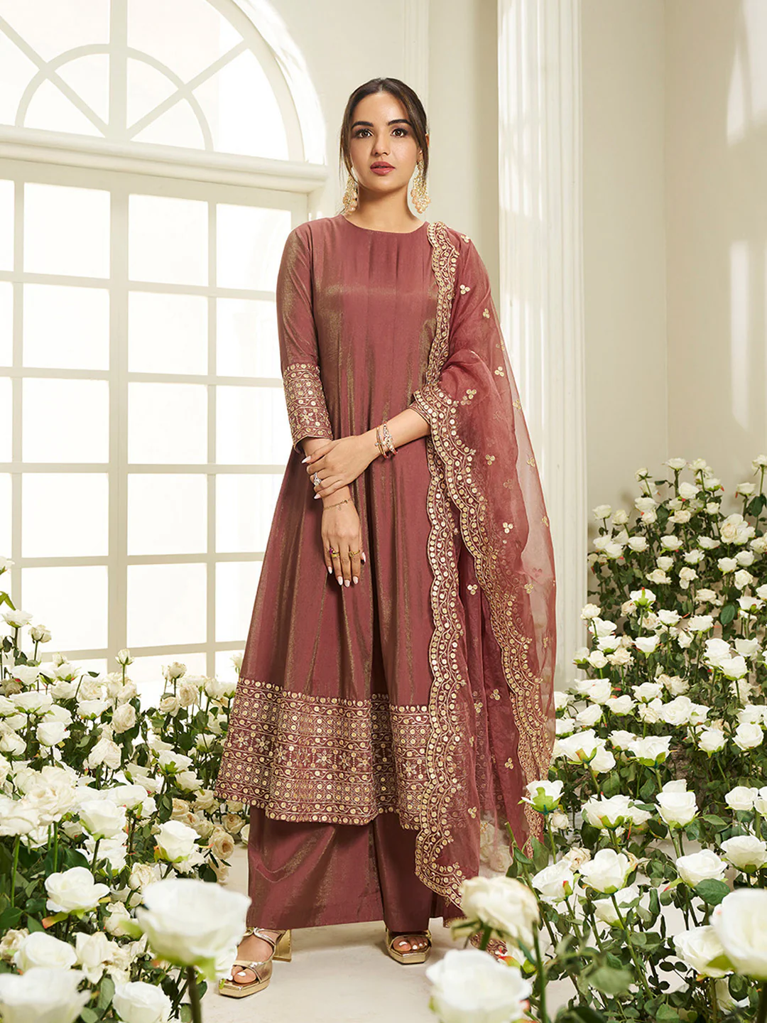 Aromie three piece kurta set for women in mauve with intricate embroidery, perfect for festive occasions in Canada