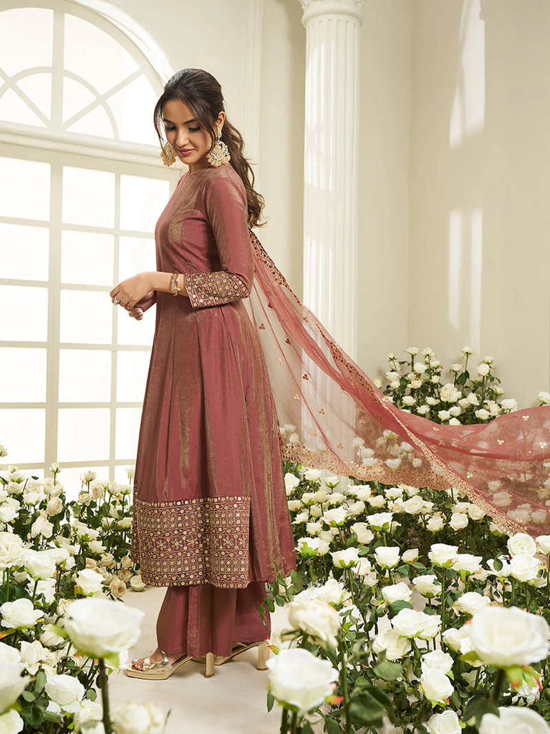 Elegant three piece kurta set for women in mauve with intricate detailing, ideal for formal occasions in Canada