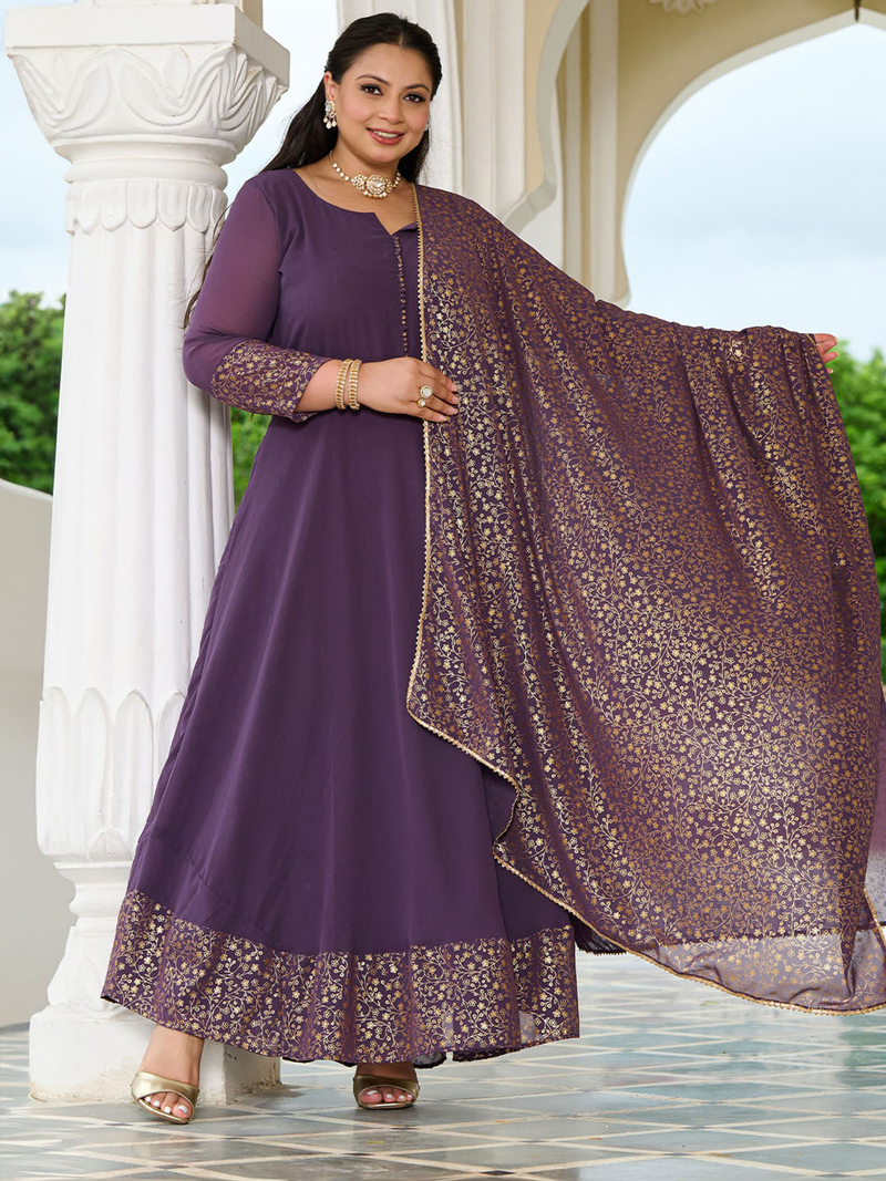Elegant lavender anarkali kurta with dupatta featuring intricate floral designs and flowy silhouette