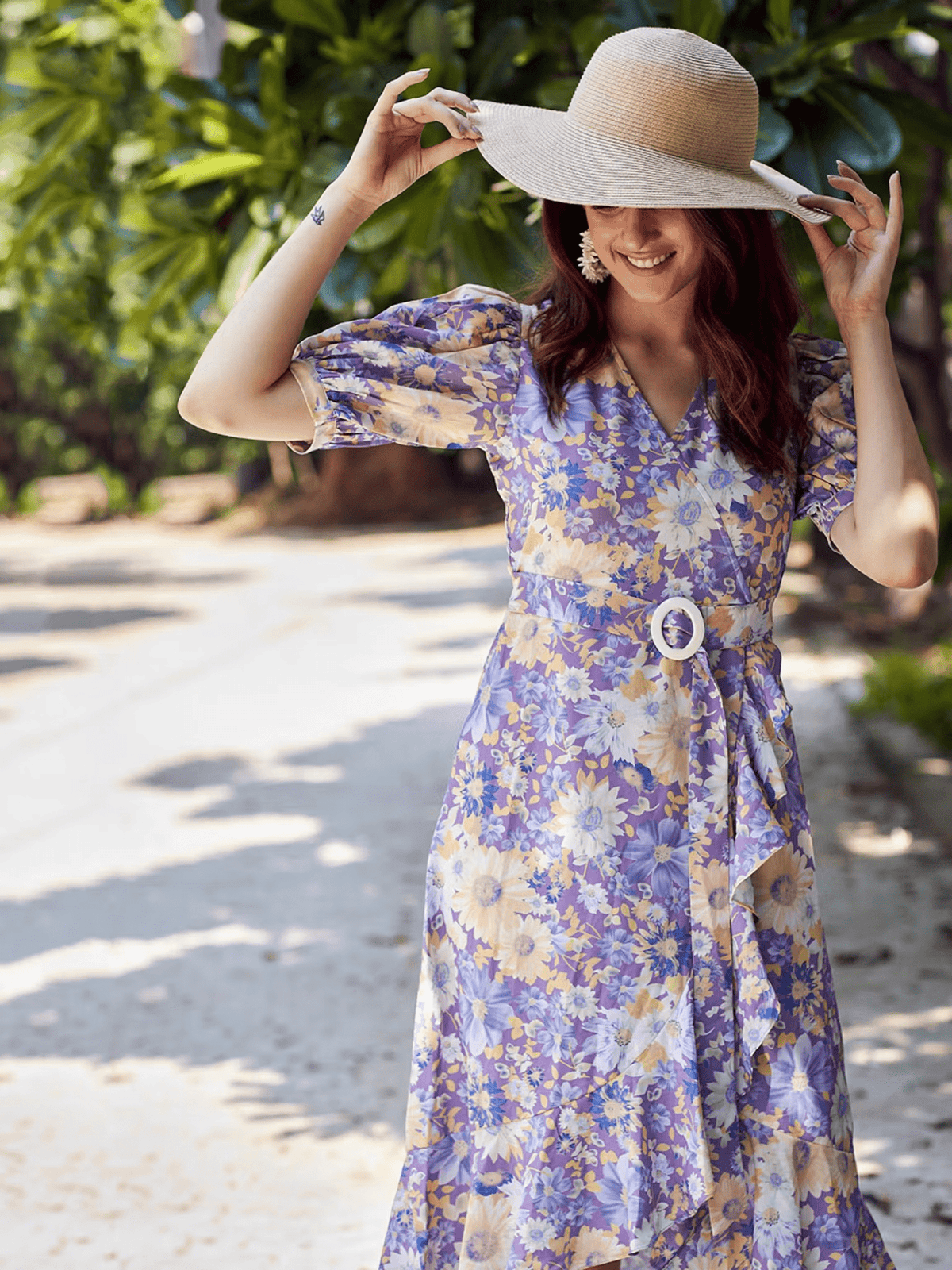 Lavender Floral Wrap Midi Dress – V - Neck Resort Wear with Half Sleeves for Women - aromie