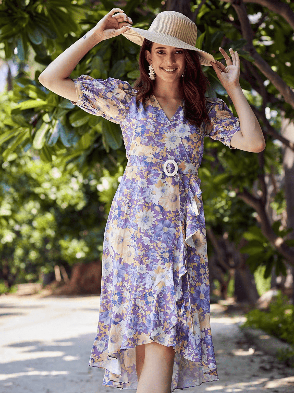 Lavender Floral Wrap Midi Dress – V - Neck Resort Wear with Half Sleeves for Women - aromie