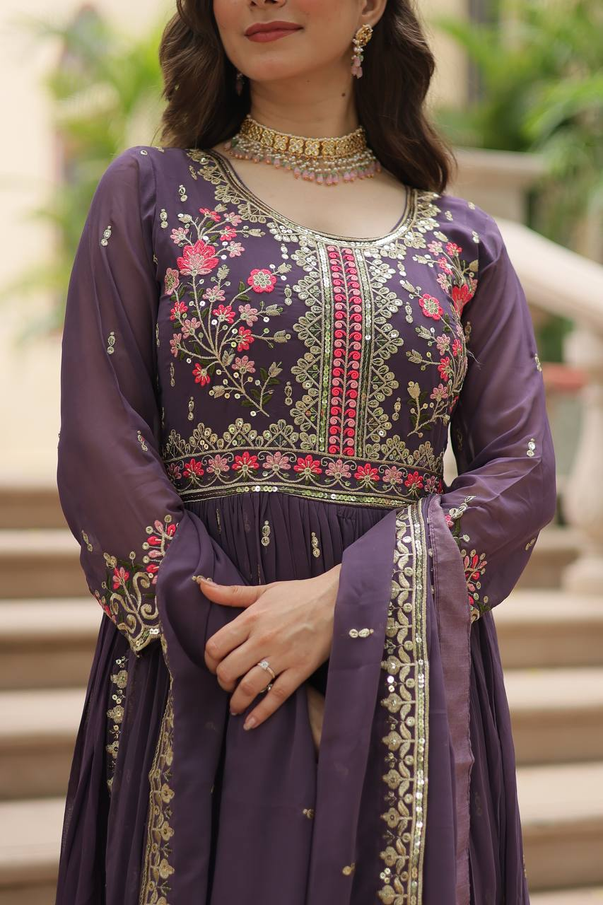 Front view of a lavender sharara suit from Aromie featuring detailed embroidery, ideal for weddings in Canada