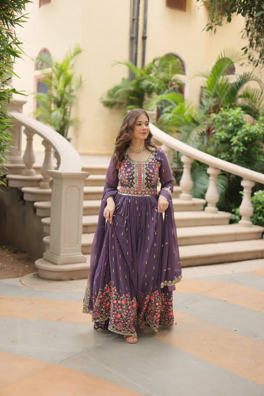 Front view of a lavender sharara suit by aromie, featuring intricate embroidery, ideal for weddings and festive occasions