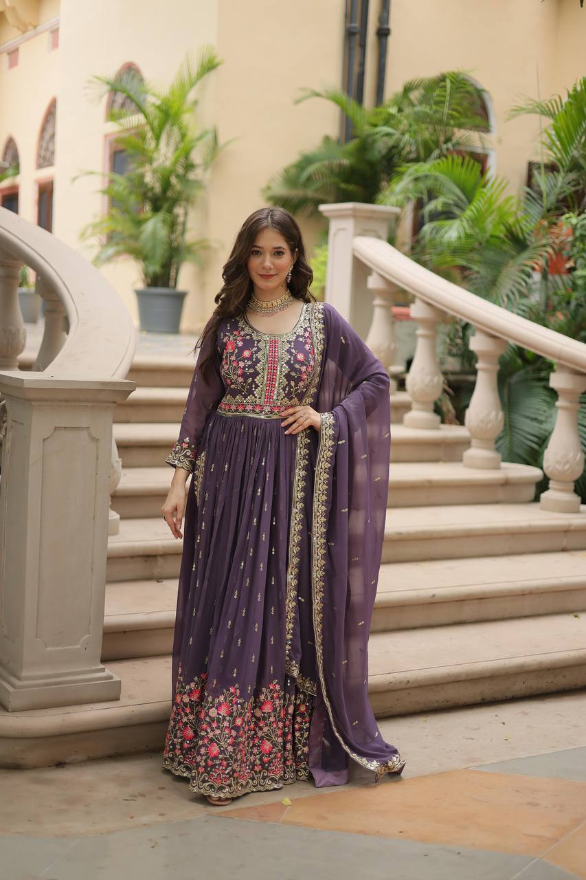 Three piece lavender sharara suit Canada in chiffon fabric, featuring floral embroidery, perfect for wedding occasions.