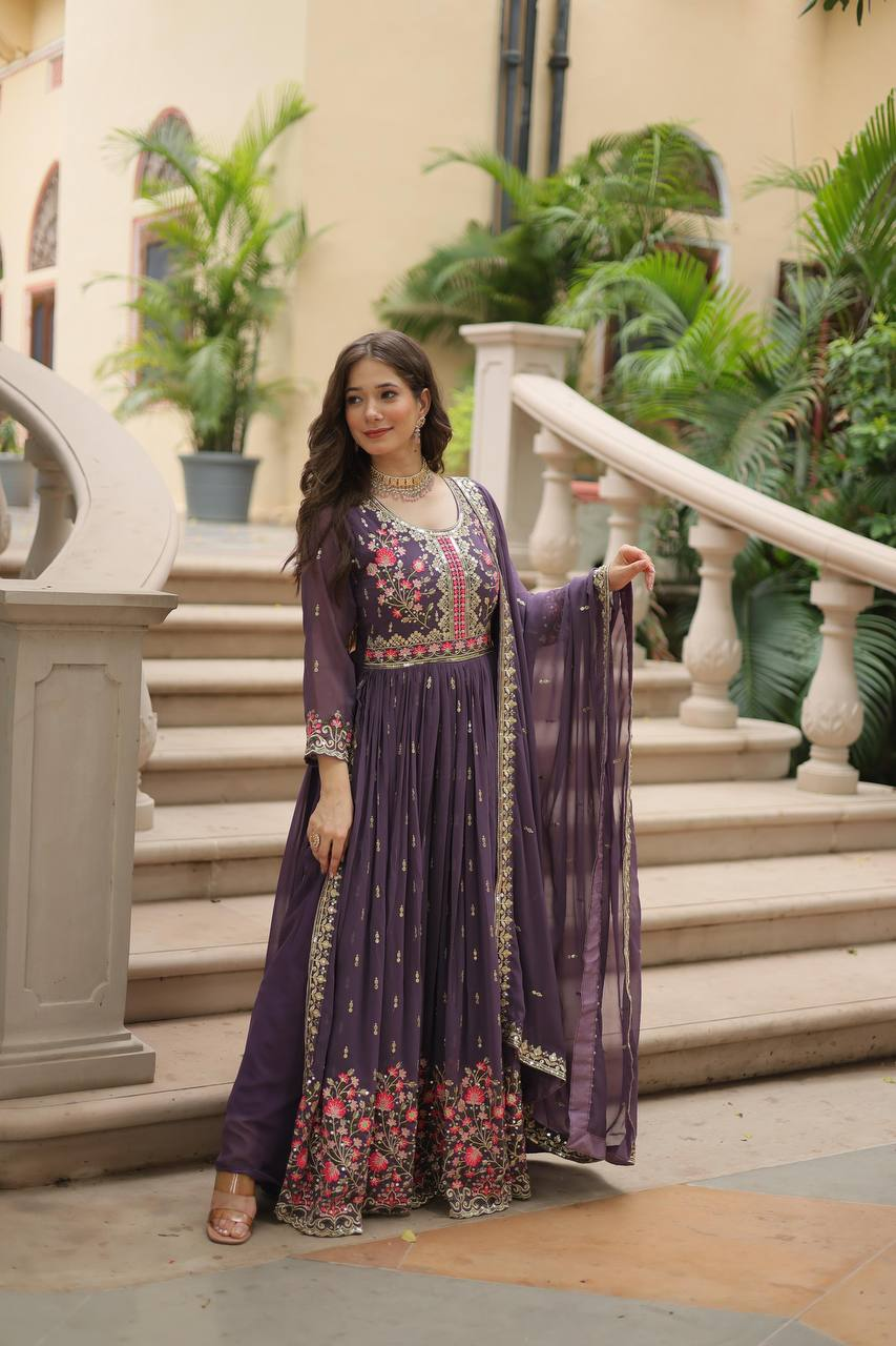 Lavender sharara suit Canada in lightweight fabric, featuring floral embroidery and a flowy design, perfect for festive occasions.