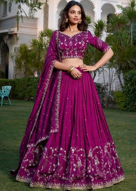 Bright purple lehenga choli online Canada with intricate embroidery, ideal for weddings and festive occasions.