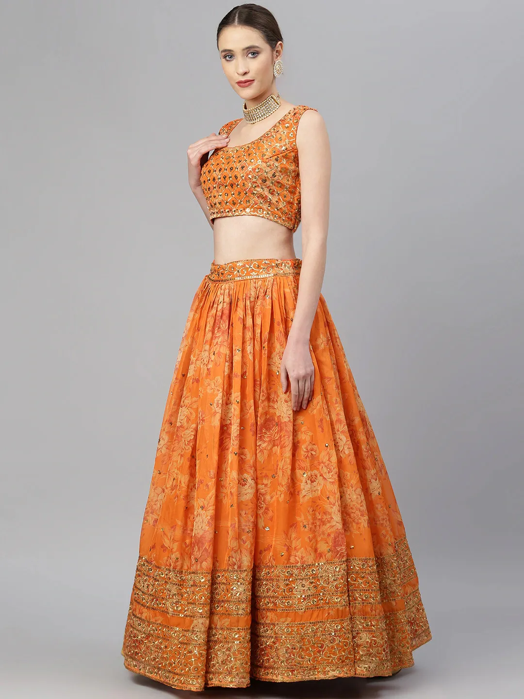 Orange floral lehenga choli set Canada in detail view, perfect for weddings and festive occasions