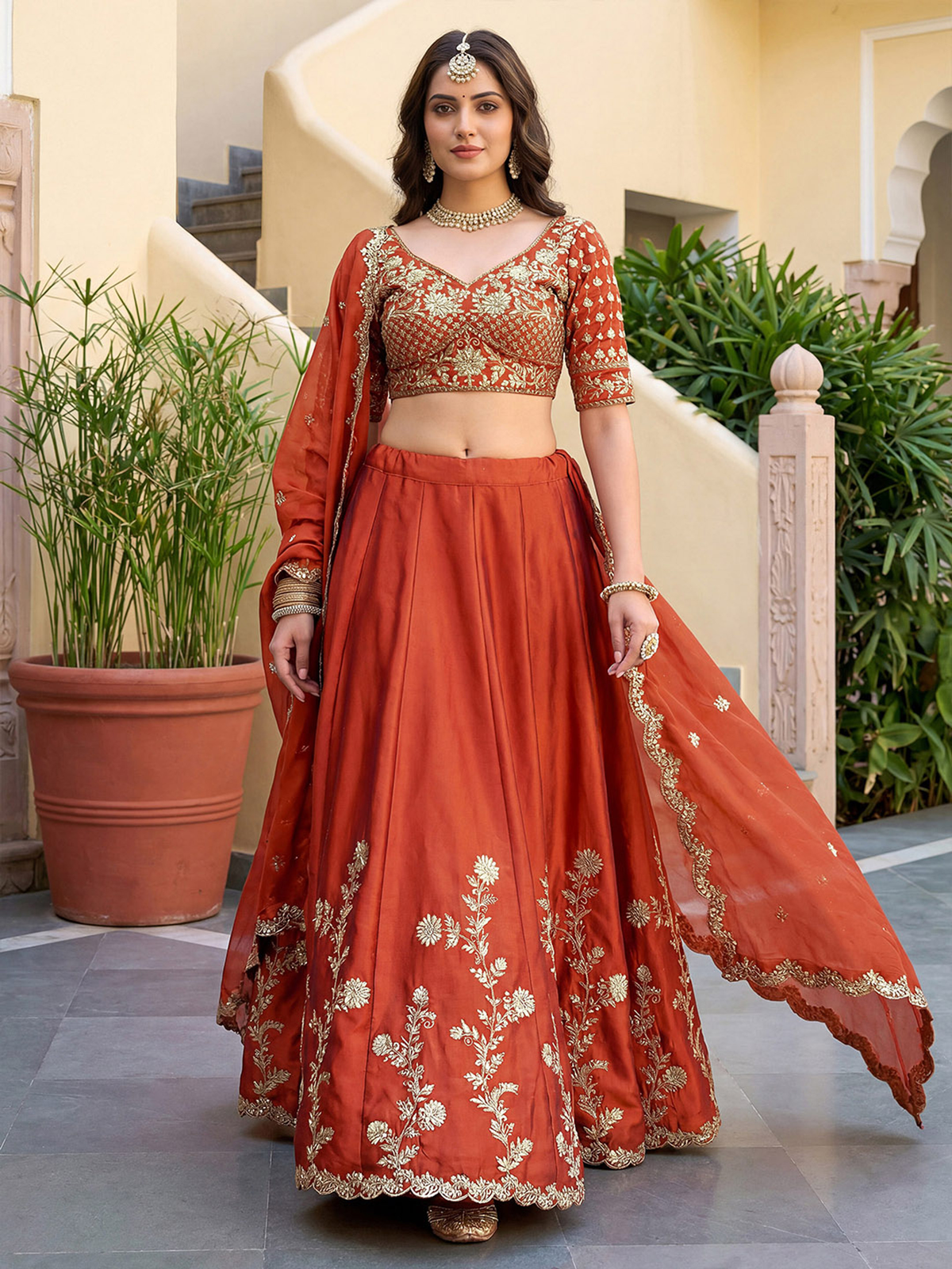 Rust-colored lehenga choli set USA with detailed embroidery, perfect for weddings and festive occasions.