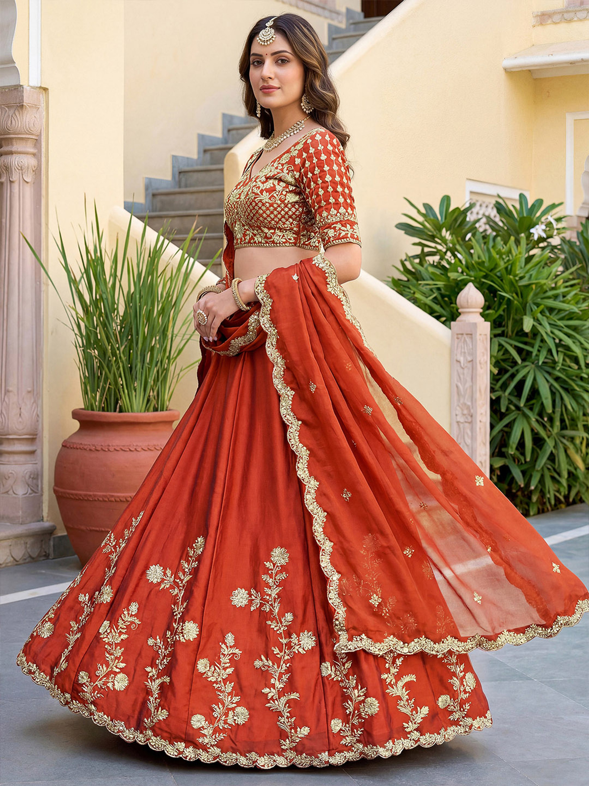 Elegant red lehenga choli set USA with floral embroidery, perfect for weddings and festive occasions.
