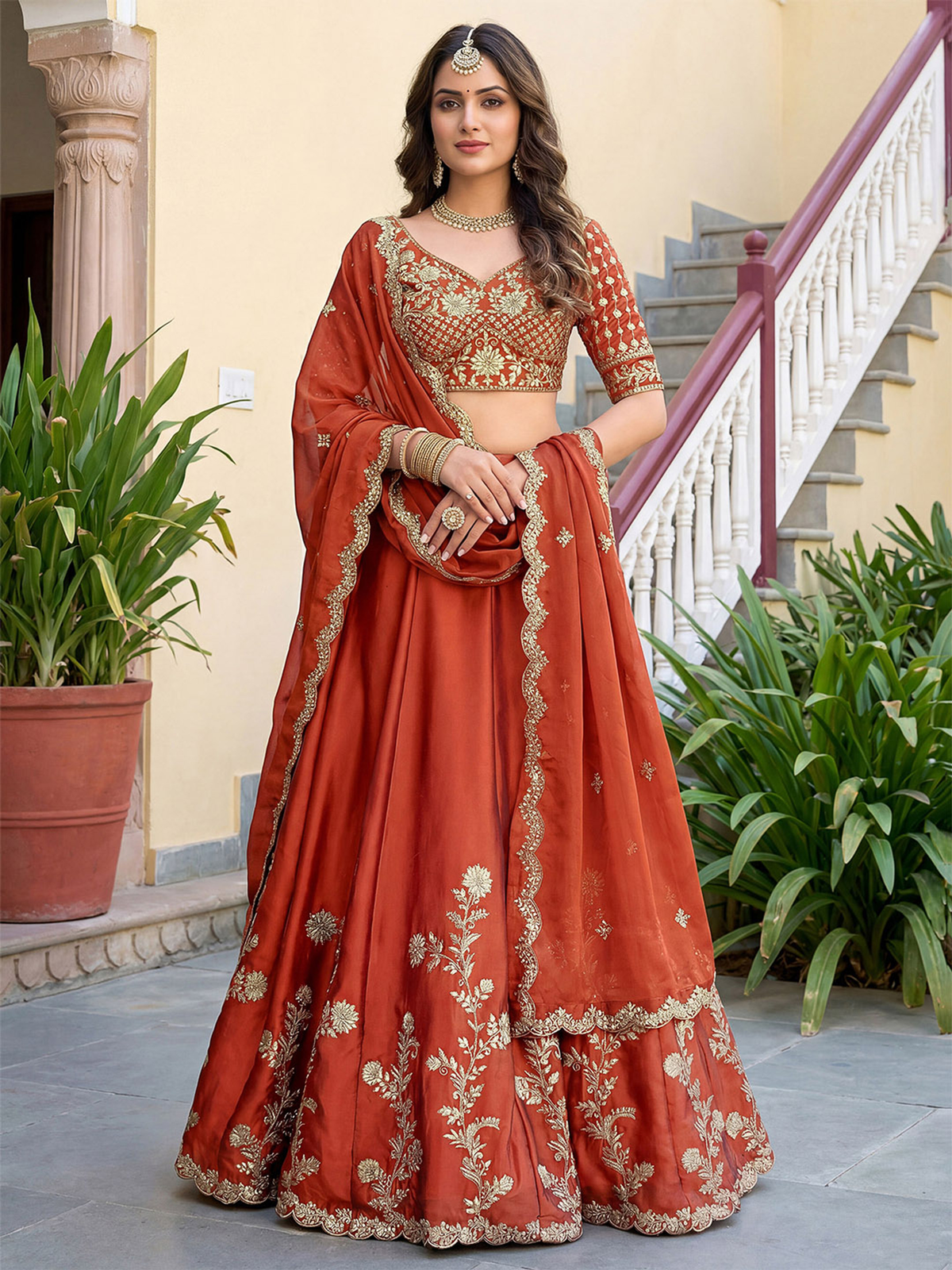 Orange lehenga choli set USA in silk with detailed embroidery, perfect for weddings and traditional events