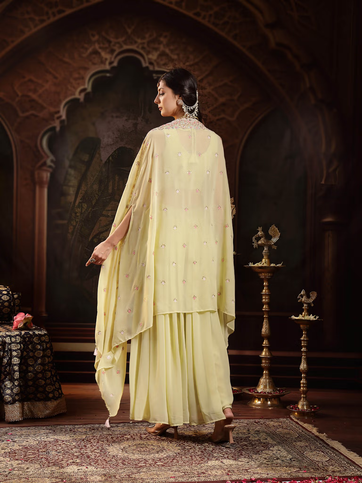 Lime green embroidered co-ord set featuring a stylish three piece Kurtha with elegant back detailing