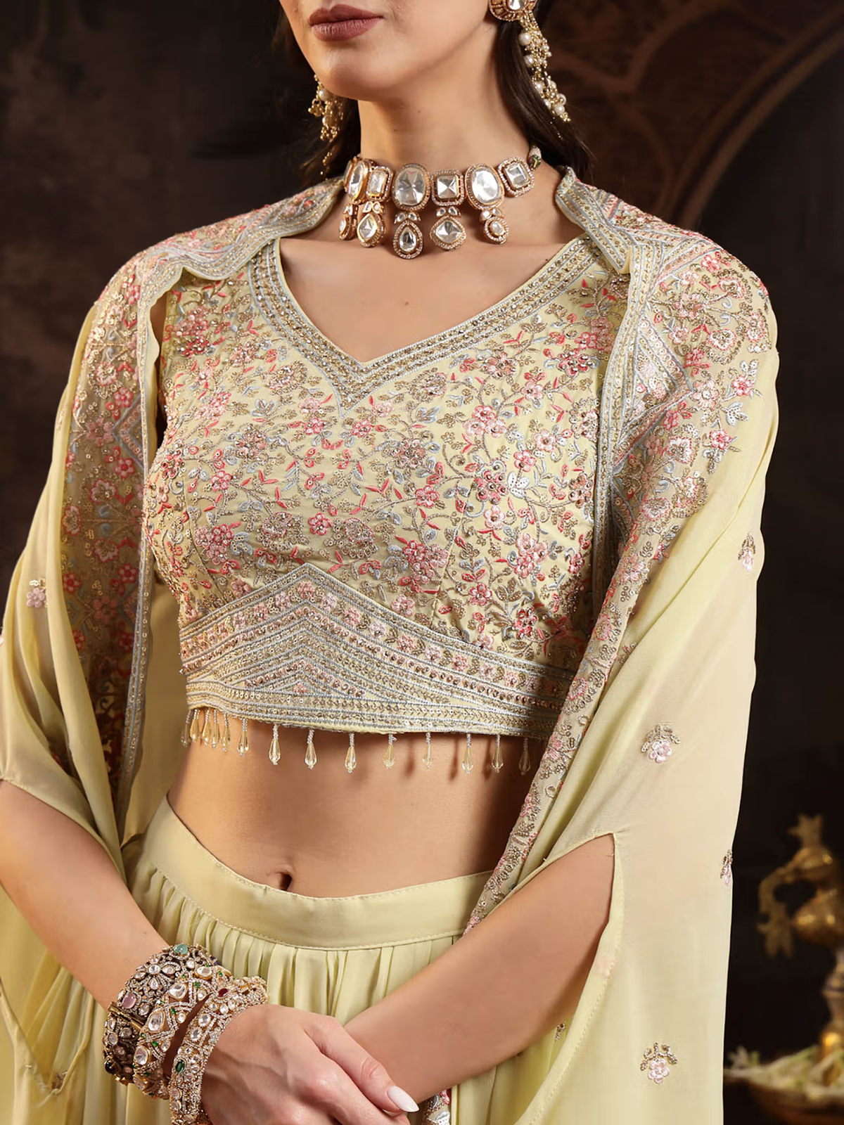 Lime green embroidered co-ord set featuring intricate floral designs and elegant detailing