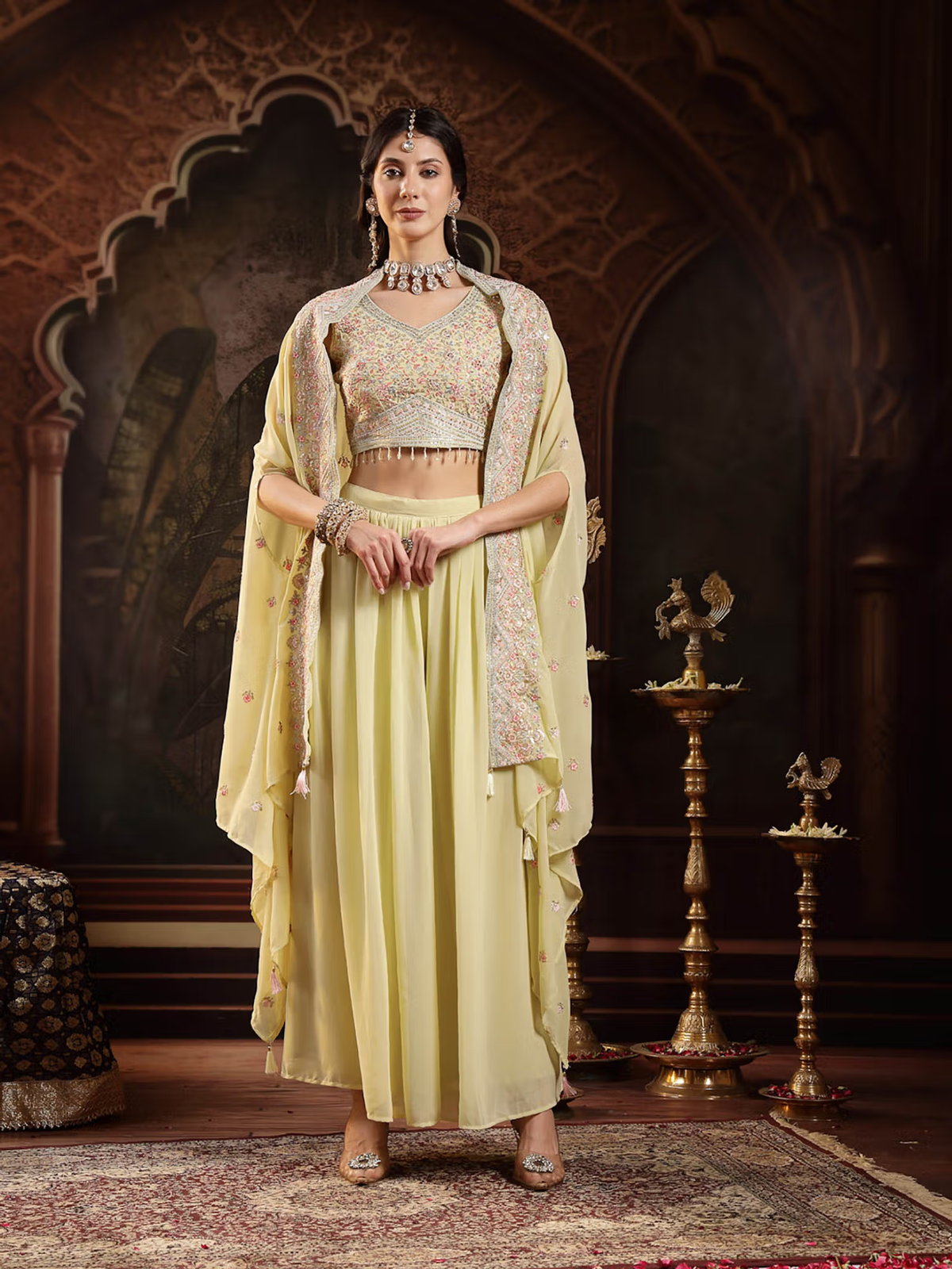 Lime green embroidered co-ord set featuring a stylish top and flowy skirt with embellishments