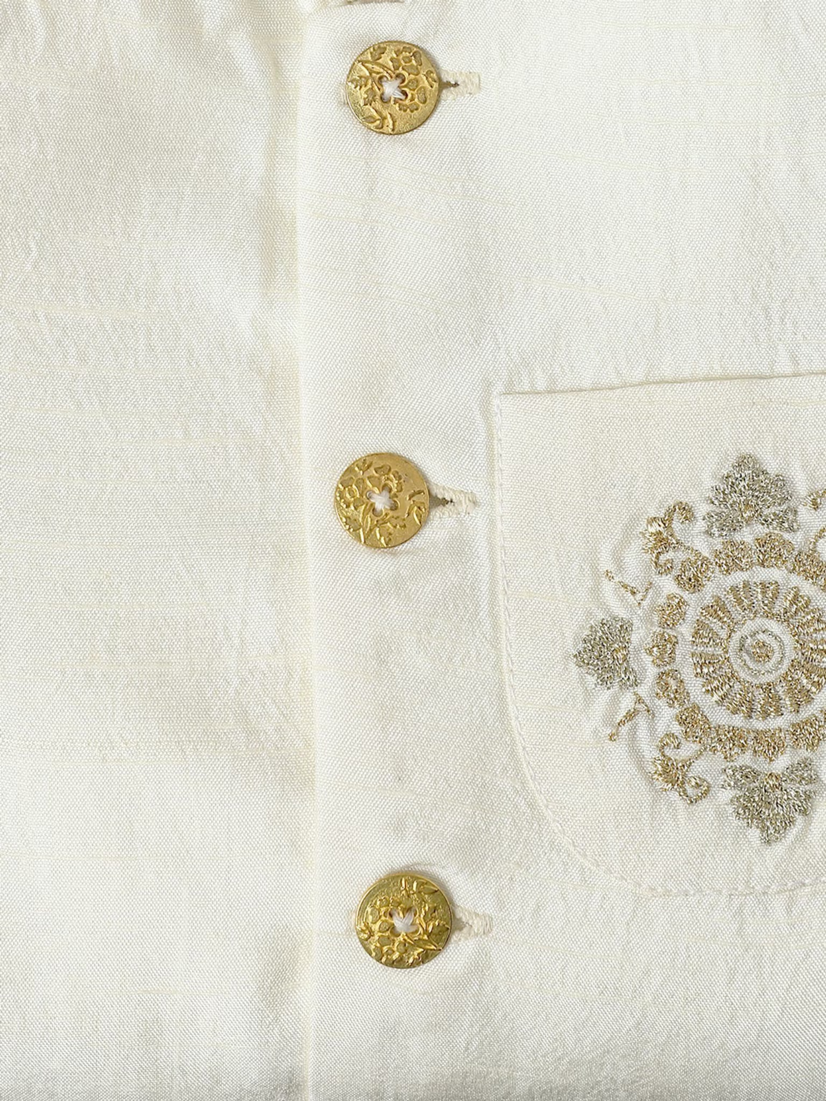 AROMIE cream bandhgala for baby boys close up showing cream kurta fabric gold buttons and embroidered pocket motif