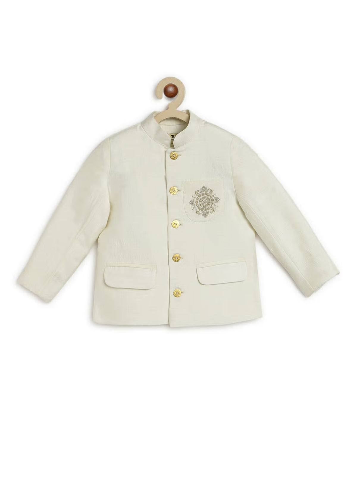 cream bandhgala for baby boys AROMIE embroidered jacket with gold buttons and flap pockets for formal wear