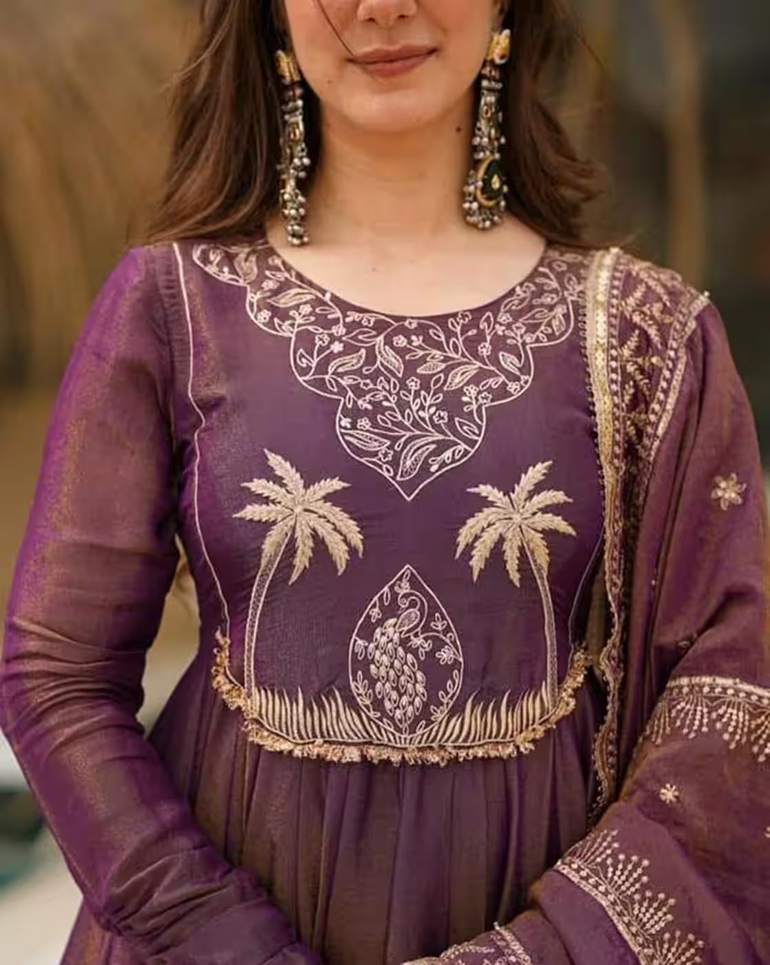 Aromie three piece Kurtha in plum with gold floral embroidery and matching dupatta embroidered dress set Canada