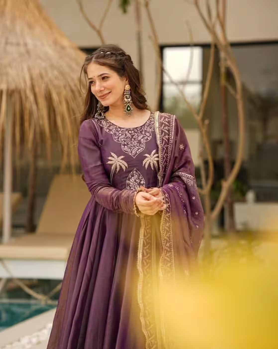 Aromie three piece Kurtha purple embroidered kurta and dupatta on model embroidered dress set Canada