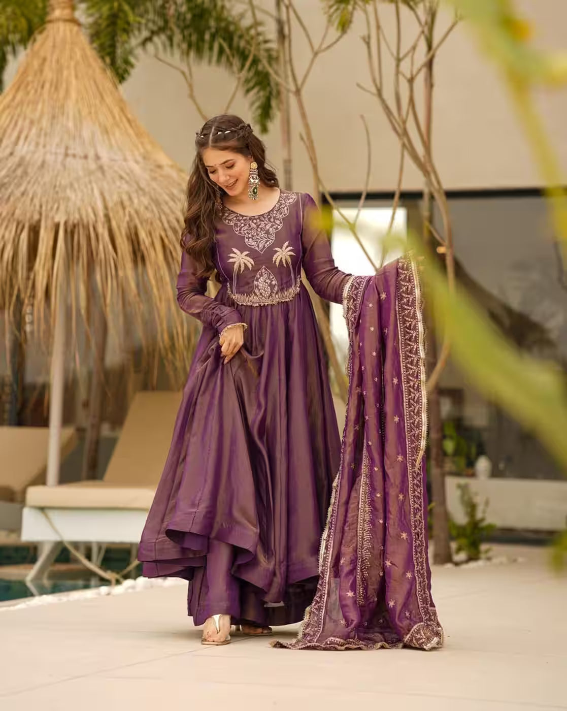Aromie purple three piece Kurtha with gold palm embroidery and matching dupatta worn by model embroidered dress set Canada