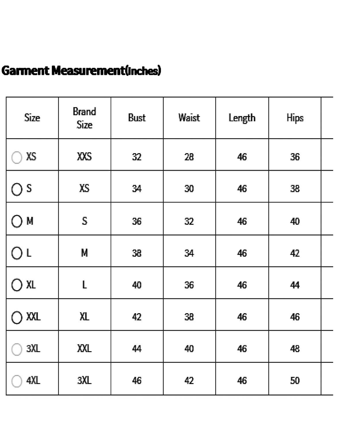 Aromie three piece Kurtha size chart showing bust waist length and hips measurements in inches for embroidered dress set Canada
