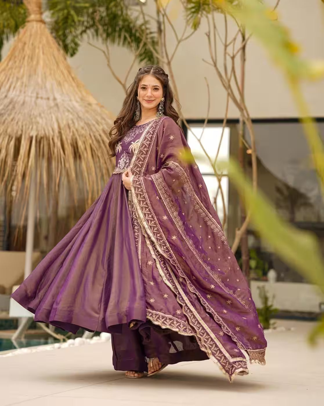 Aromie three piece kurtha in plum with intricate embroidery and flowing dupatta embroidered dress set Canada