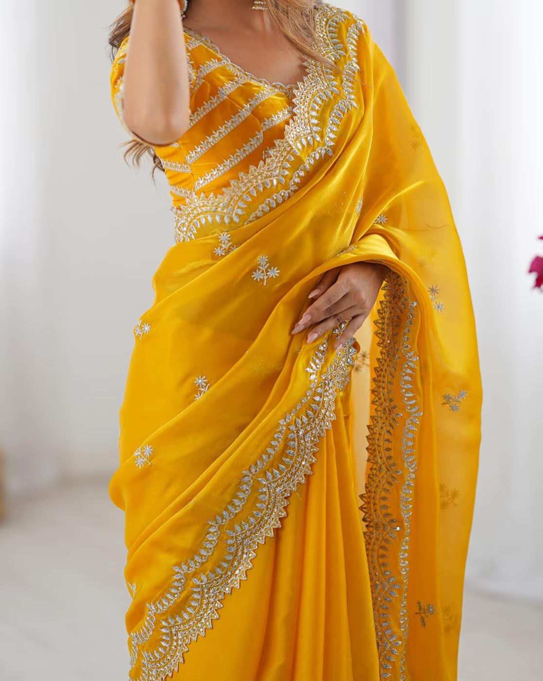 Aromie Madhu Bani silk saree online in vibrant yellow with intricate silver embellishments