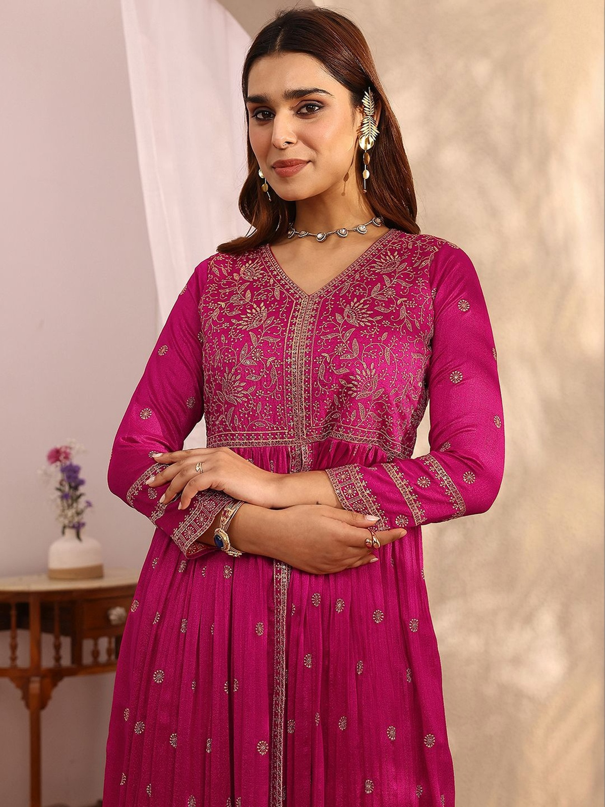 Aromie magenta Anarkali kurta palazzo set featuring elegant embroidery and a flattering silhouette