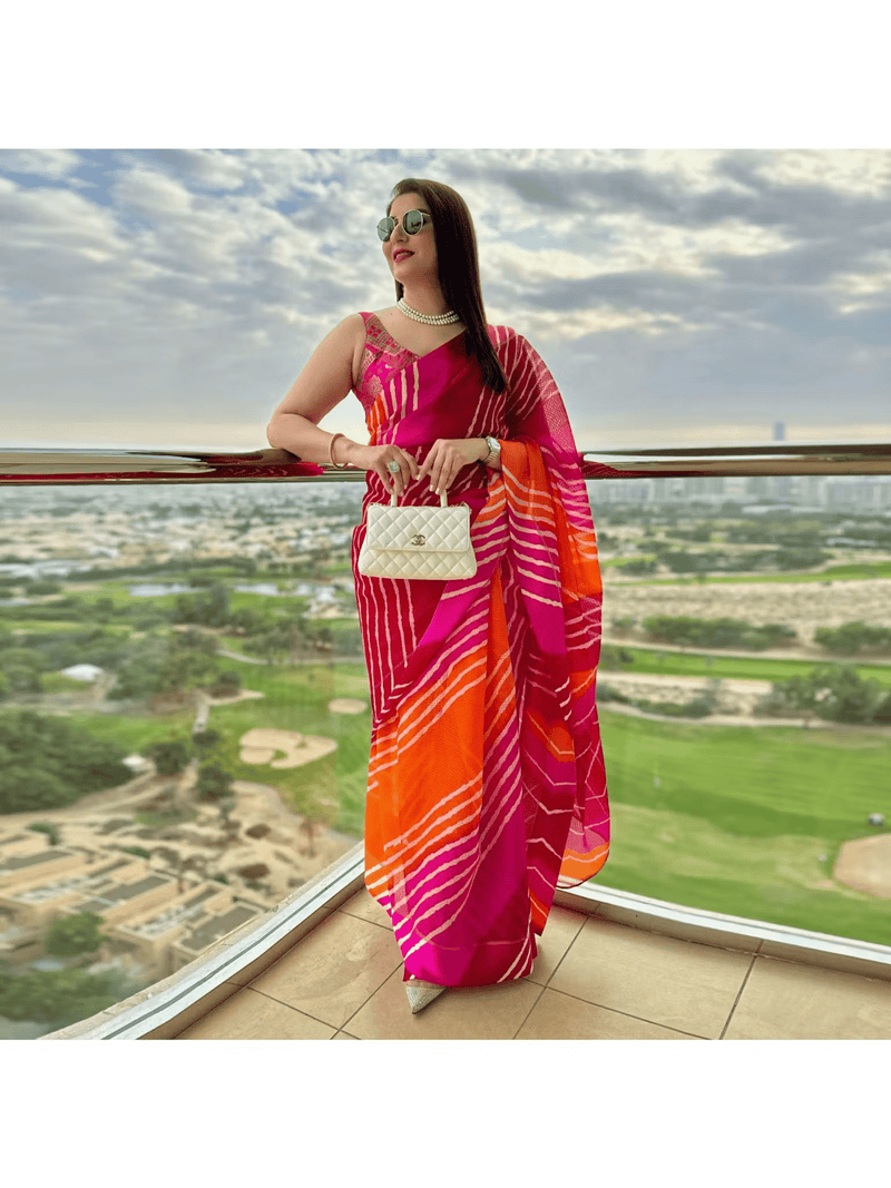 Magenta Georgette Printed Saree with Unstitched Blouse – Casual Party Wear for Women - aromie