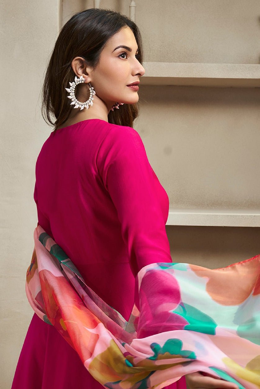 Magenta Solid Silk Anarkali Kurta with Trousers & Dupatta – Luxurious Pure Silk Set - aromie
