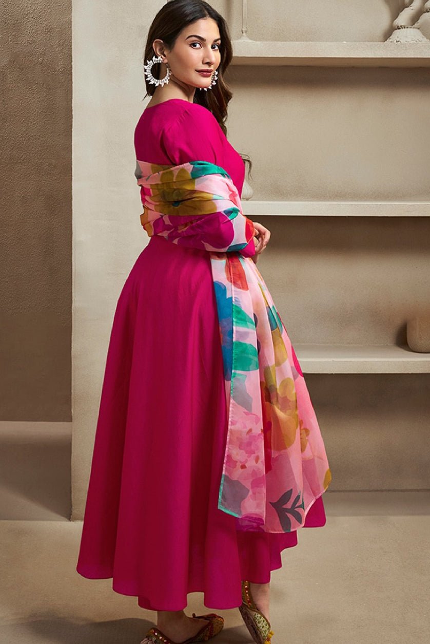 Magenta Solid Silk Anarkali Kurta with Trousers & Dupatta – Luxurious Pure Silk Set - aromie