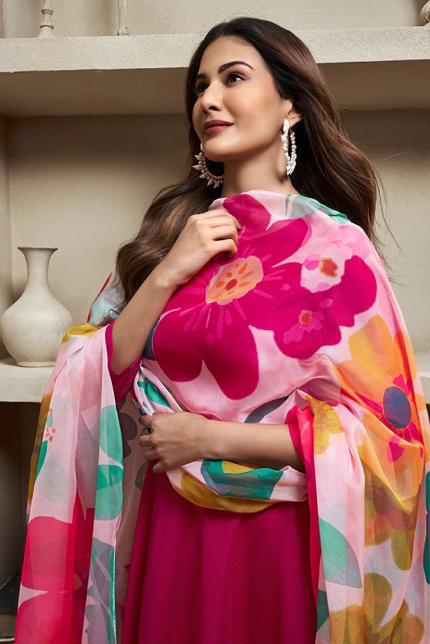 Magenta Solid Silk Anarkali Kurta with Trousers & Dupatta – Luxurious Pure Silk Set - aromie