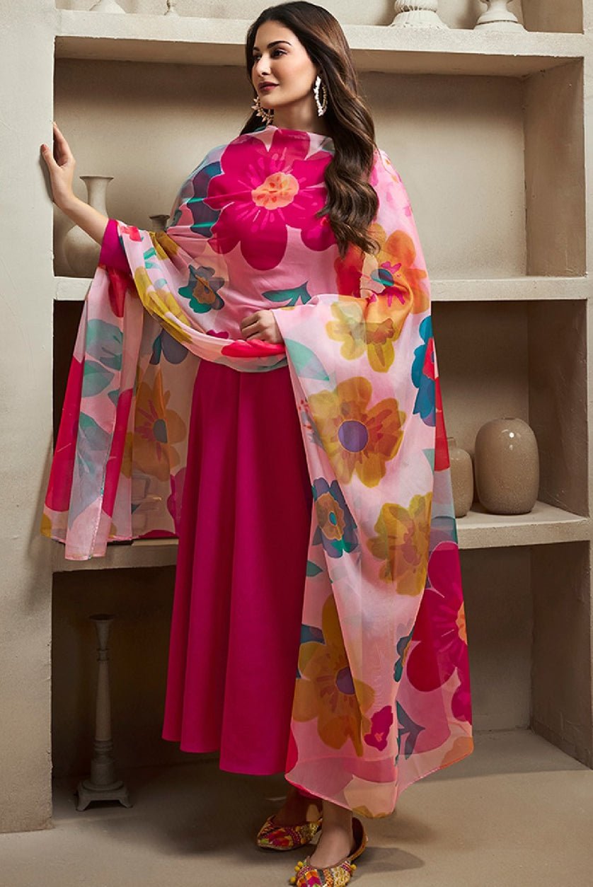 Magenta Solid Silk Anarkali Kurta with Trousers & Dupatta – Luxurious Pure Silk Set - aromie