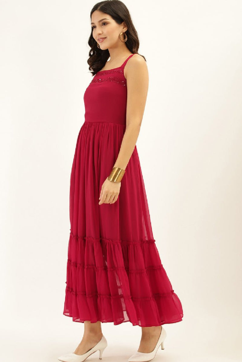 Magenta Tiered Maxi Dress with Beads and Sequins – Sleeveless Shoulder Straps for Casual Wear - aromie