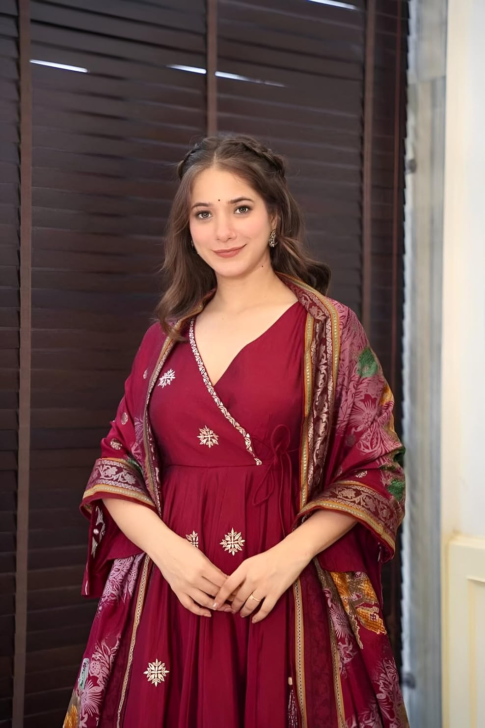 Elegant maroon anarkali dress online with intricate embroidery and matching shawl for festive occasions