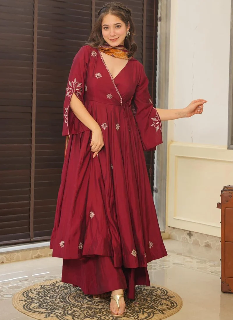 Maroon Anarkali dress online featuring elegant embroidery and flowing design, perfect for festive occasions