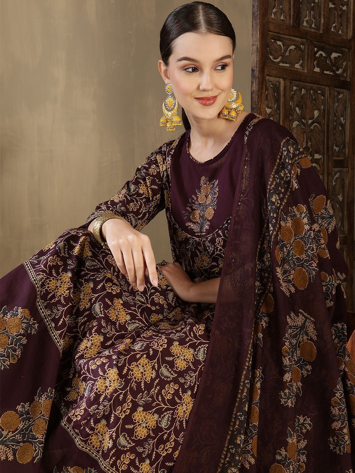 Maroon Anarkali kurta set Canada in soft fabric with floral embroidery, ideal for festive occasions