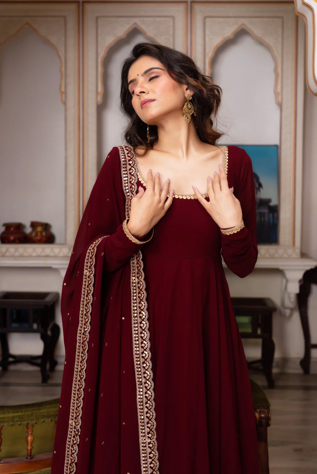 Maroon Anarkali suit set Canada in lightweight fabric with detailed embroidery, perfect for festive occasions