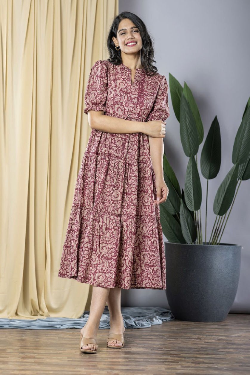 Maroon Floral Print Cotton Puff Sleeve Formal Fit & Flare Midi Dress – Mandarin Collar - aromie