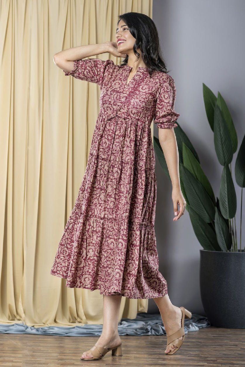 Maroon Floral Print Cotton Puff Sleeve Formal Fit & Flare Midi Dress – Mandarin Collar - aromie