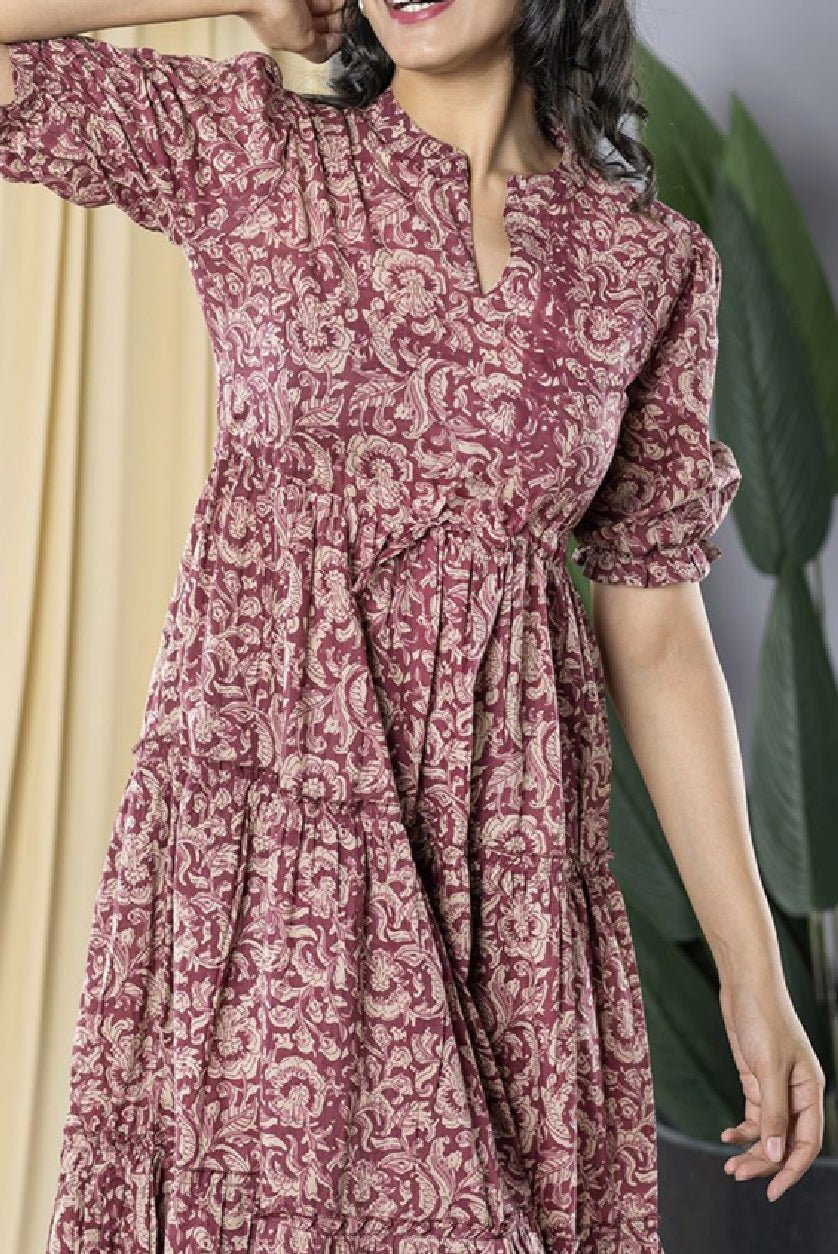 Maroon Floral Print Cotton Puff Sleeve Formal Fit & Flare Midi Dress – Mandarin Collar - aromie