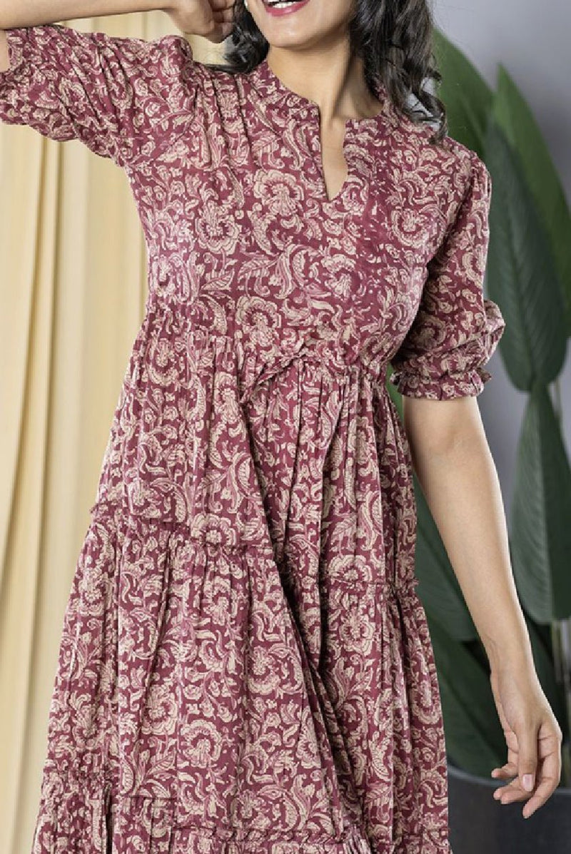 Maroon Floral Print Cotton Puff Sleeve Formal Fit & Flare Midi Dress – Mandarin Collar - aromie