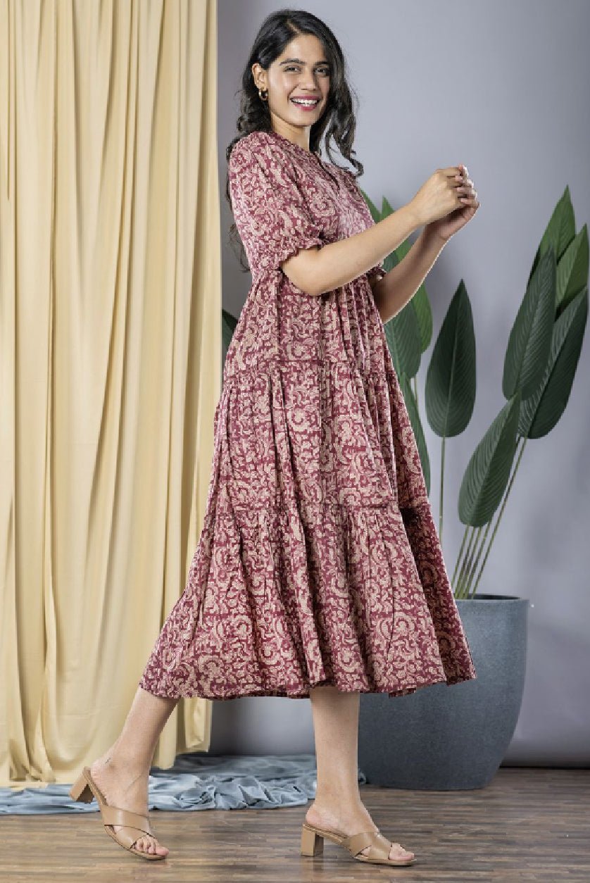 Maroon Floral Print Cotton Puff Sleeve Formal Fit & Flare Midi Dress – Mandarin Collar - aromie