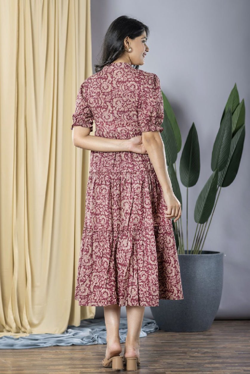 Maroon Floral Print Cotton Puff Sleeve Formal Fit & Flare Midi Dress – Mandarin Collar - aromie