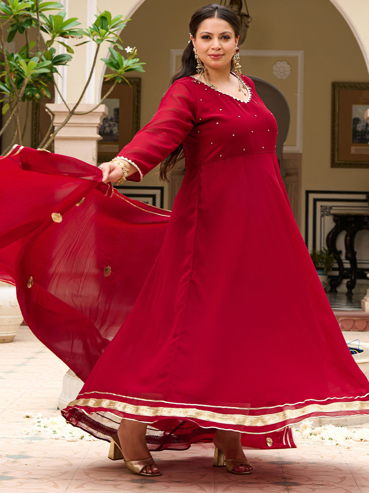 Maroon zari anarkali kurta with dupatta, featuring flowy design and intricate detailing for elegant outings.